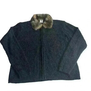Vtg Y2K Shana‎ K Women’s L Faux Fur Collar Black Brown Cardigan Indie Retro